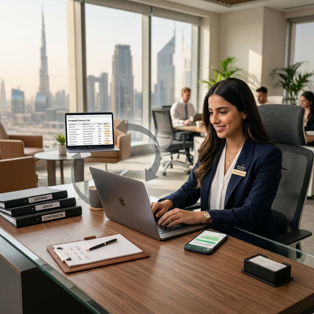 A UAE real estate professional reviewing property enquiries on a laptop in a modern Dubai office