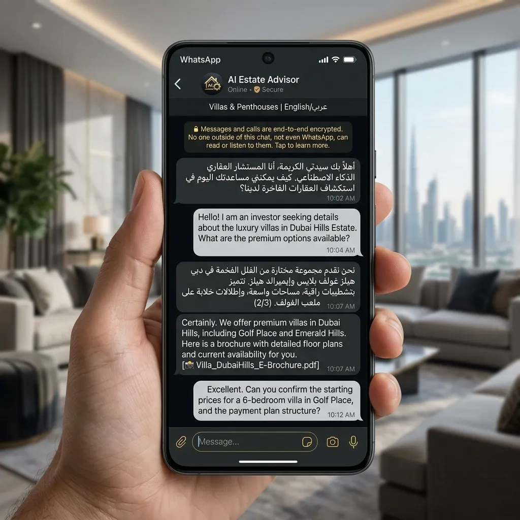 A mockup of a mobile screen showing a WhatsApp conversation between a customer and an automated inquiry assistant