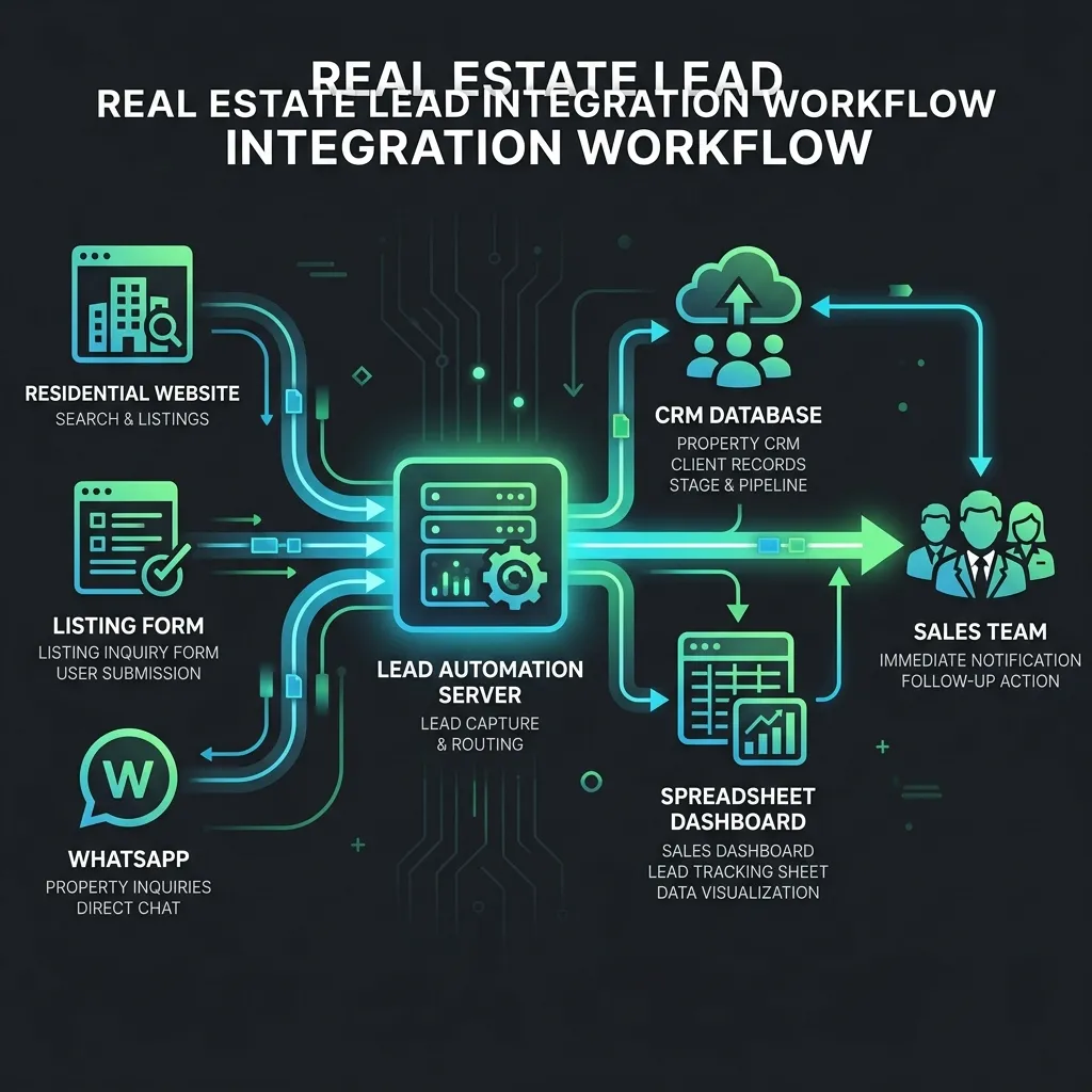 Systems integration diagram showing data flow from a property website and WhatsApp to a central CRM and sales team