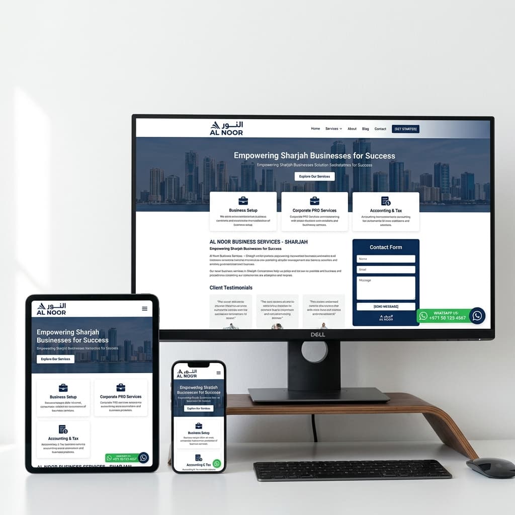 A modern Sharjah business website displayed across desktop, tablet, and mobile devices with services, contact form and WhatsApp button